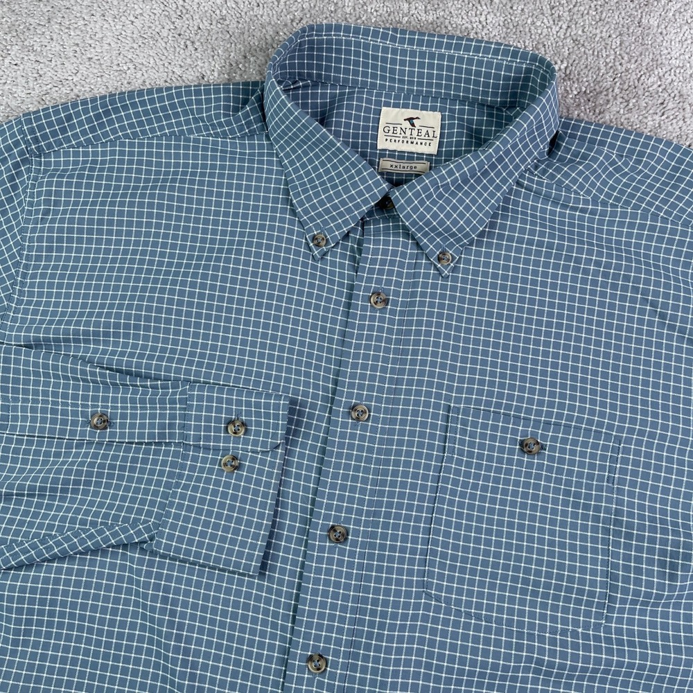 Genteal Shirt Mens 2XL XXL Blue Grid Performance Stretch Long Sleeve Button Down